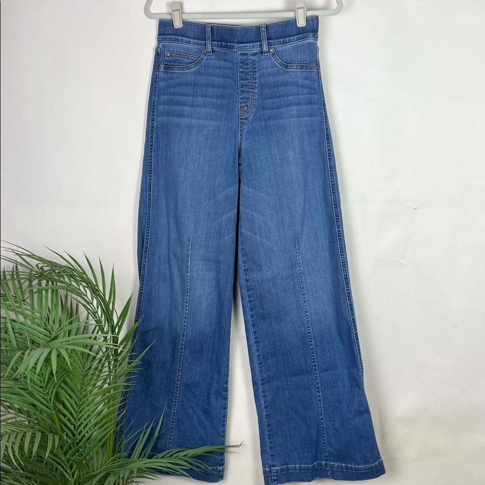 SPANX Wide Leg Front Seam Vintage Blue Denim Jeans Pull On Medium - Picture 3 of 6